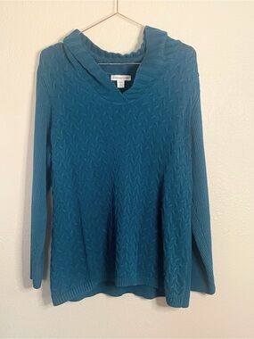 Coldwater Creek Teal Cable-Knit Hooded Sweater